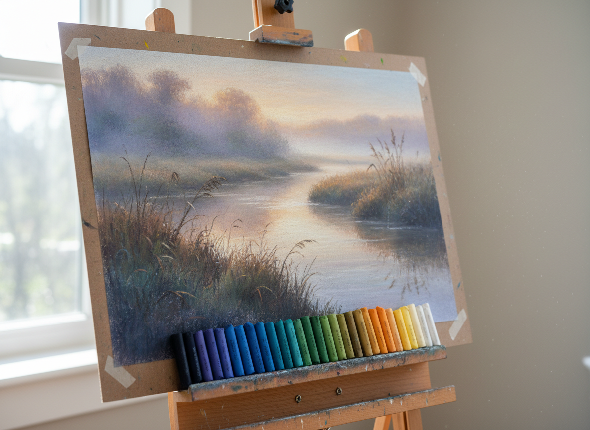 A highly detailed pastel landscape in progress on an easel, depicting a misty, early-morning riverbank with silvery water and delicate reeds. The surface of the sanded paper shows layers of carefully blended pigment, from cool lavender shadows to warm golden reflections of an unseen sunrise. At the base of the easel, arranged with precision, lie neatly organized pastel sticks in gradient order, from deep indigo to pale cream. Natural side light from a studio window illuminates the artwork, catching the fine dust and creating a soft halo effect. Photographic realism, shot at a three-quarter angle, with the composition leading the eye from the foreground pastels into the depth of the landscape, evoking a sophisticated, tranquil atmosphere.